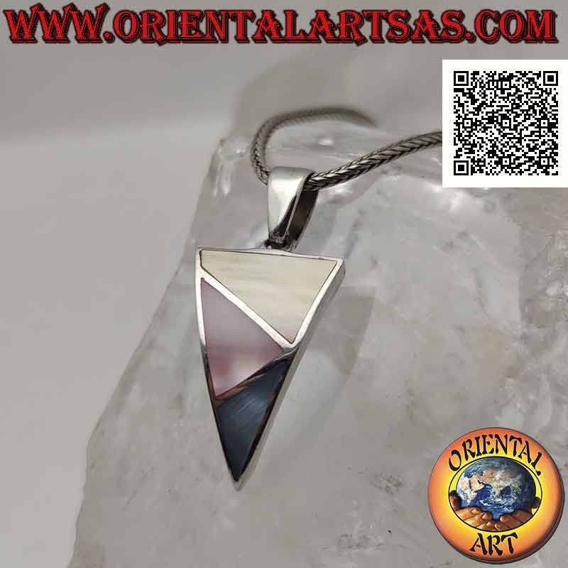 Curved triangular silver pendant with three scalene triangles of multicolor mother of pearl flush with the edge