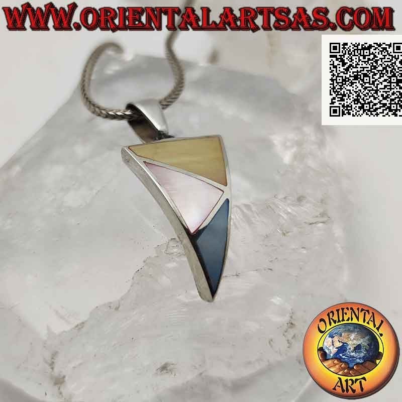 Curved triangular silver pendant with three scalene triangles of multicolor mother of pearl flush with the edge