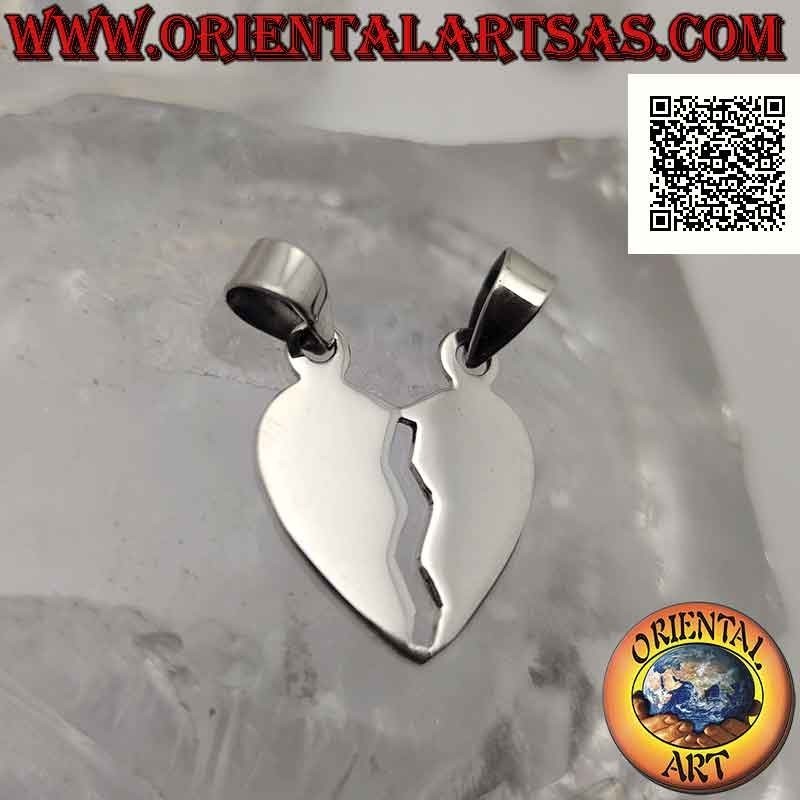 Pendentif double en argent, coeur brisé plat et lisse "moitié douce" (divisé mais toujours uni)