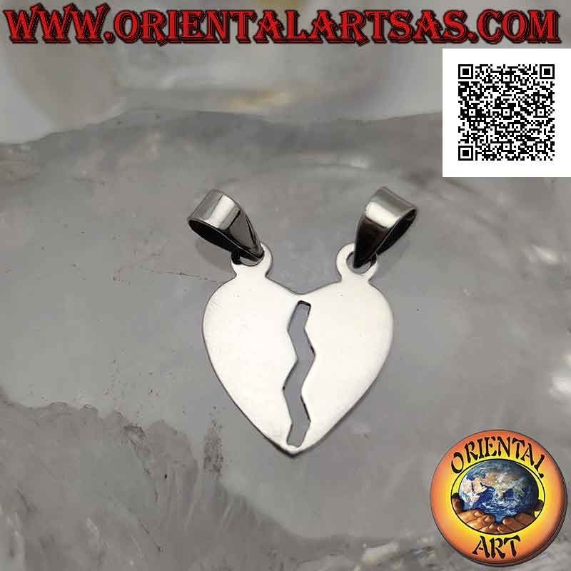 Double silver pendant, flat and smooth broken heart "sweet half" (divided but always united)