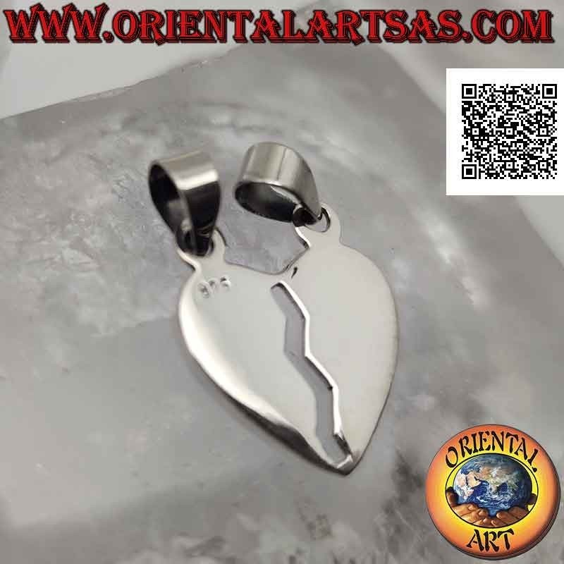 Double silver pendant, flat and smooth broken heart "sweet half" (divided but always united)