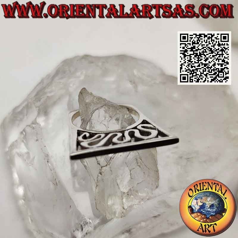 Crushed and protruding silver ring with perforated wave