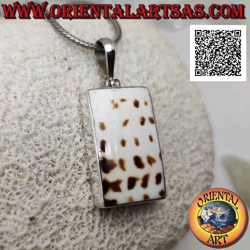 Silver pendant with part of a fossil marine gastropod (shell / conch) rectangular flush