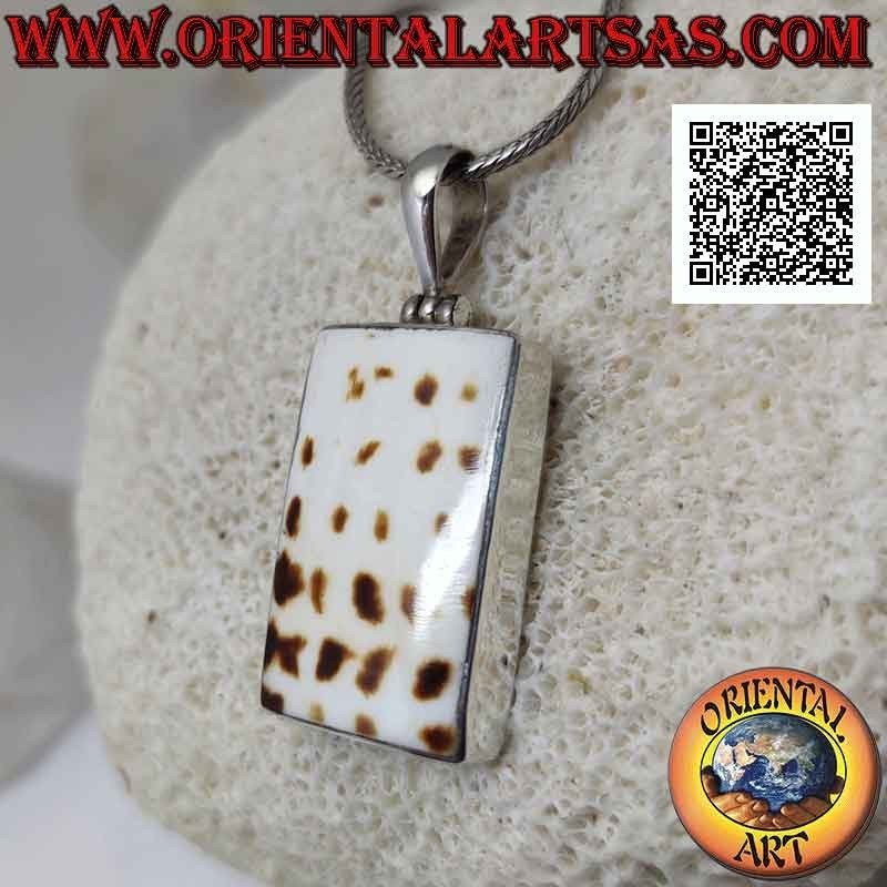 Ciondolo in argento con parte di gasteropode marino fossile (guscio/conchiglia) rettangolare a filo
