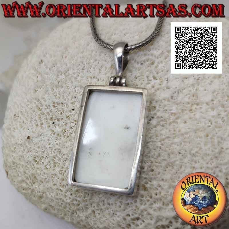 Ciondolo in argento con parte di gasteropode marino fossile (guscio/conchiglia) rettangolare a filo