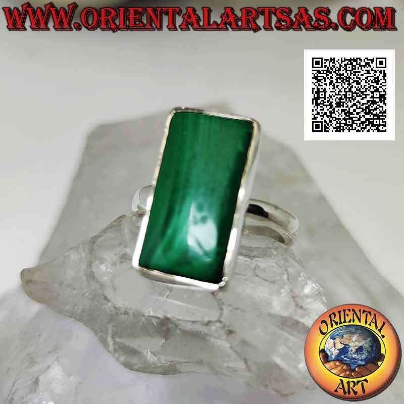 Silver ring with elongated rectangular malachite on smooth setting (adjustable)