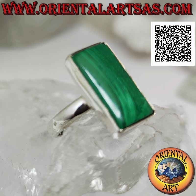 Silver ring with elongated rectangular malachite on smooth setting (adjustable)