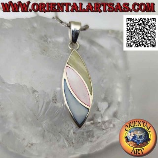 Silver shuttle pendant with three oblique bands of multicolor mother-of-pearl flush with the edge