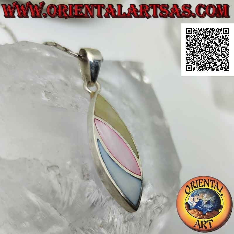 Silver shuttle pendant with three oblique bands of multicolor mother-of-pearl flush with the edge