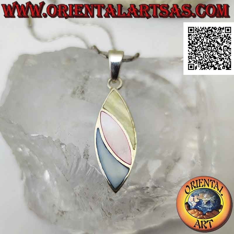 Silver shuttle pendant with three oblique bands of multicolor mother-of-pearl flush with the edge