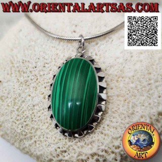 Silver pendant with large synthetic oval malachite surrounded by alternating smooth segments