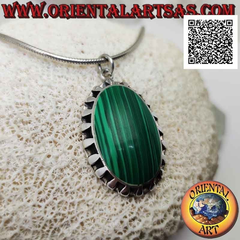 Silver pendant with large synthetic oval malachite surrounded by alternating smooth segments