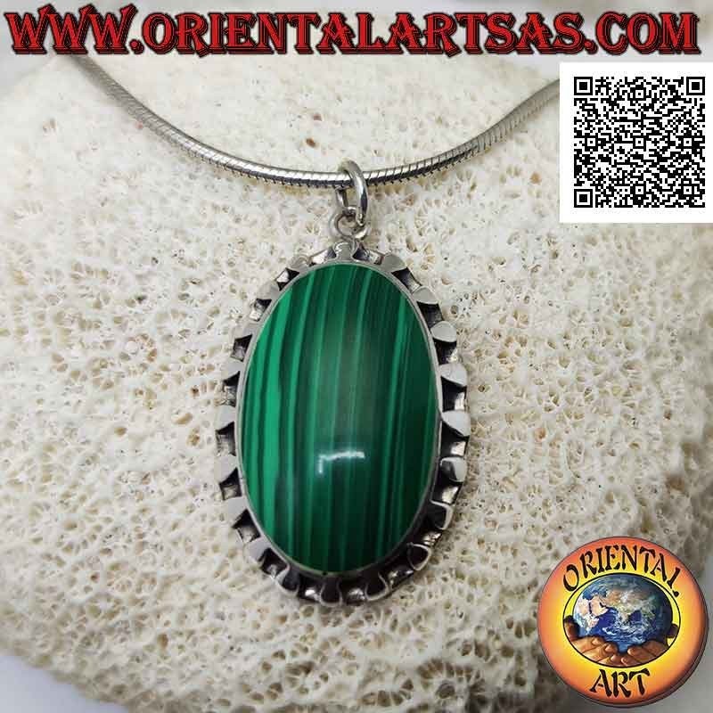 Silver pendant with large synthetic oval malachite surrounded by alternating smooth segments