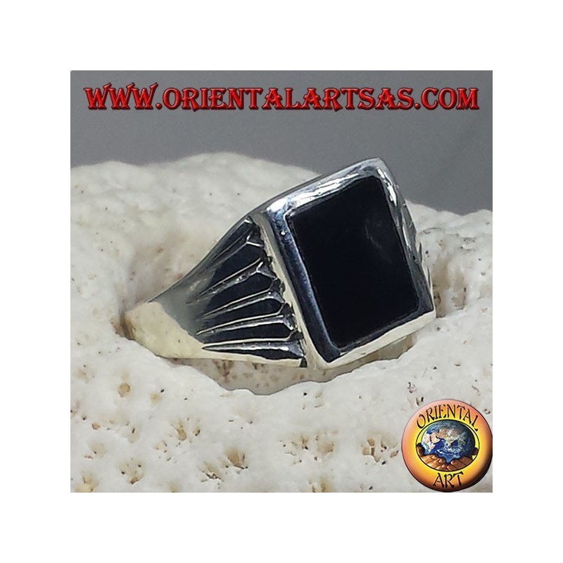 silver ring engraved lines, with Onyx rectangular
