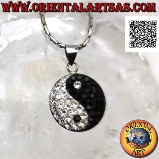 Ciondolo in argento yin yang "Tao" piatto da 25 mm Ø tempestato di zirconi bianchi e neri
