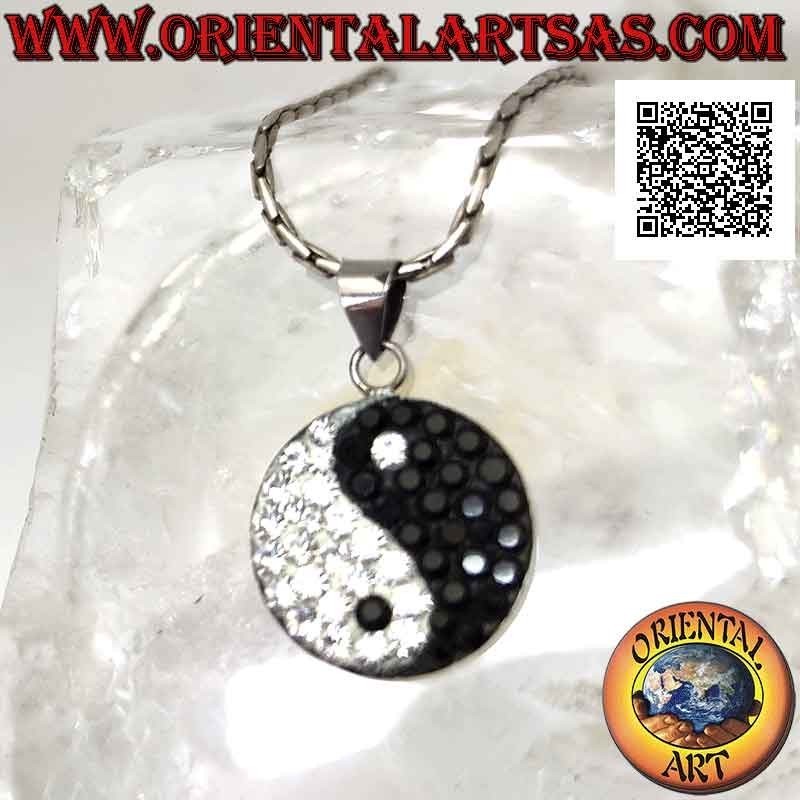 Flat 25 mm Ø yin yang "Tao" silver pendant studded with black and white zircons