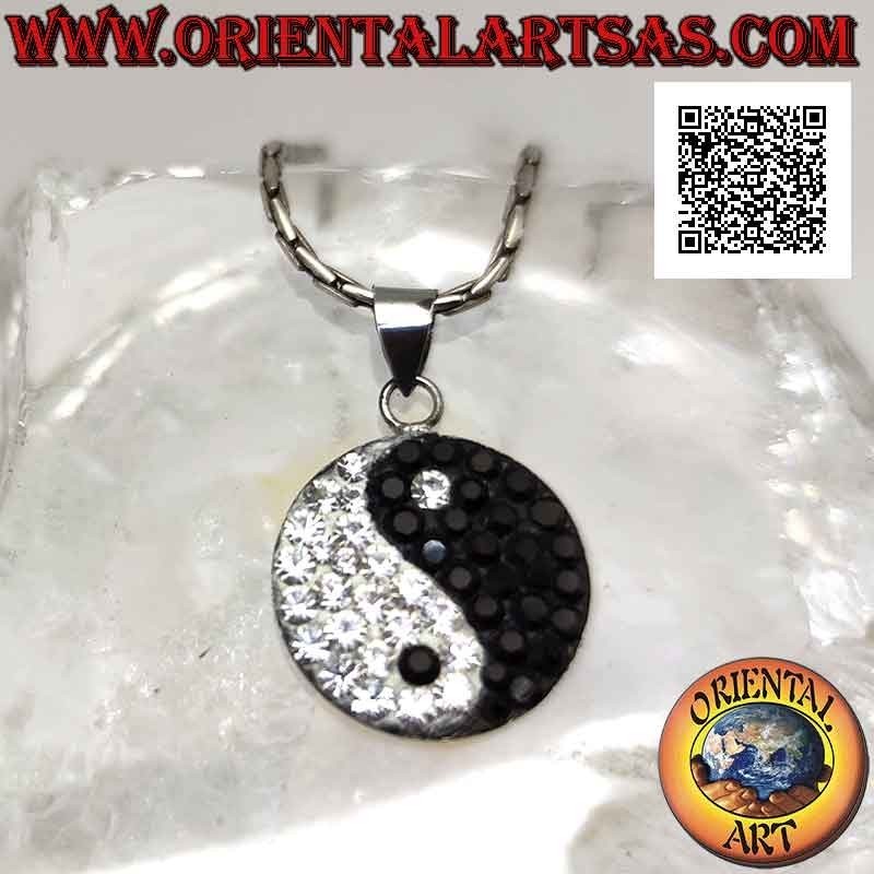 Colgante plano de plata "Tao" de 25 mm Ø yin yang tachonado de circonitas blancas y negras