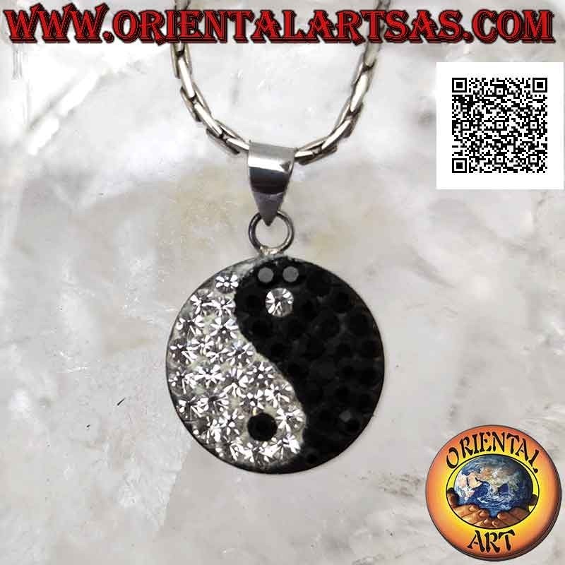 Flat 25 mm Ø yin yang "Tao" silver pendant studded with black and white zircons