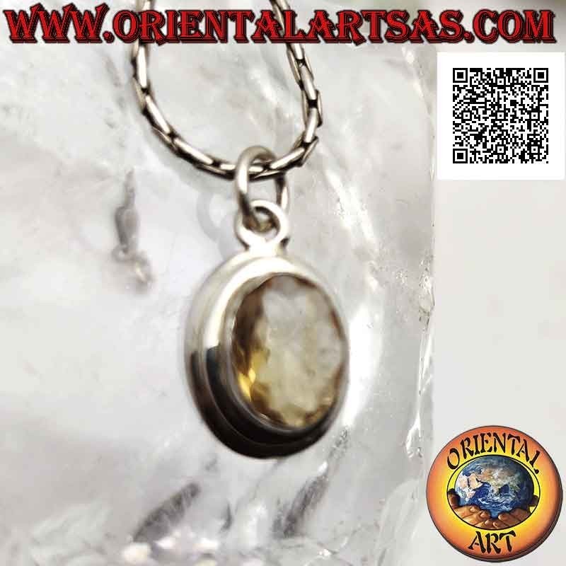 Pendentif en argent avec topaze jaune naturelle ovale sur monture simple avec bord plat et lisse