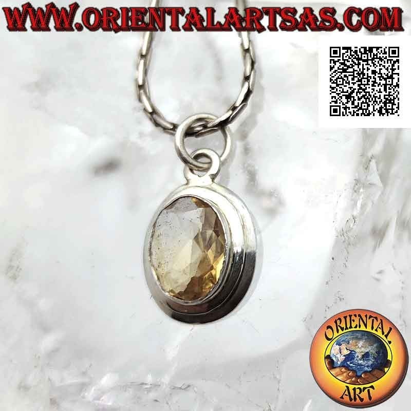 Silver pendant with oval natural yellow topaz on simple setting with flat smooth edge