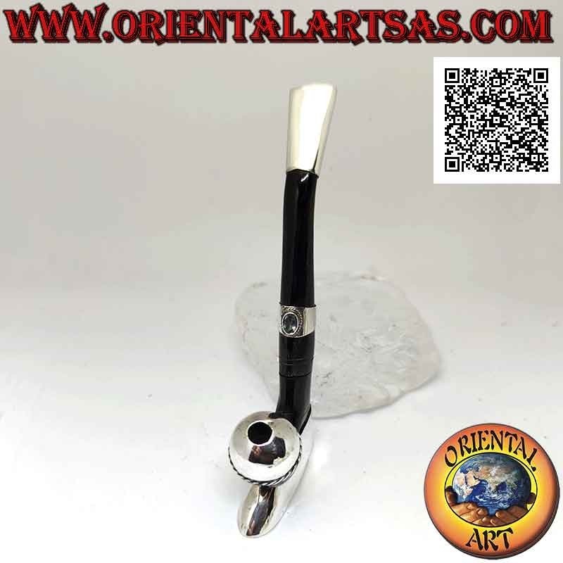 Fume-cigarette "pipe" de footballeur en corne de boeuf et inserts en argent 925‰ avec topaze naturelle