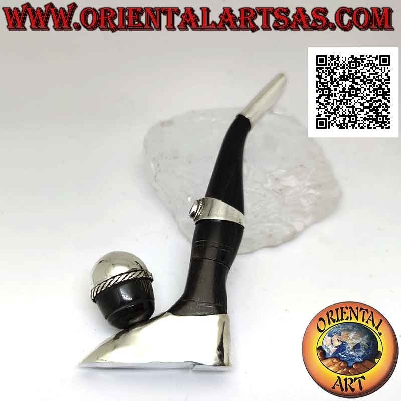 Fume-cigarette "pipe" de footballeur en corne de boeuf et inserts en argent 925‰ avec topaze naturelle