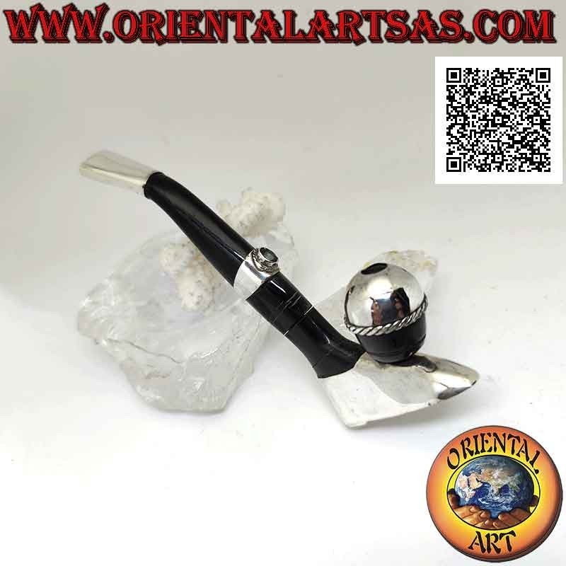 Cigarrillo "pipa" de jugador de fútbol en cuerno de buey e inserciones de plata 925 ‰ con topacio natural