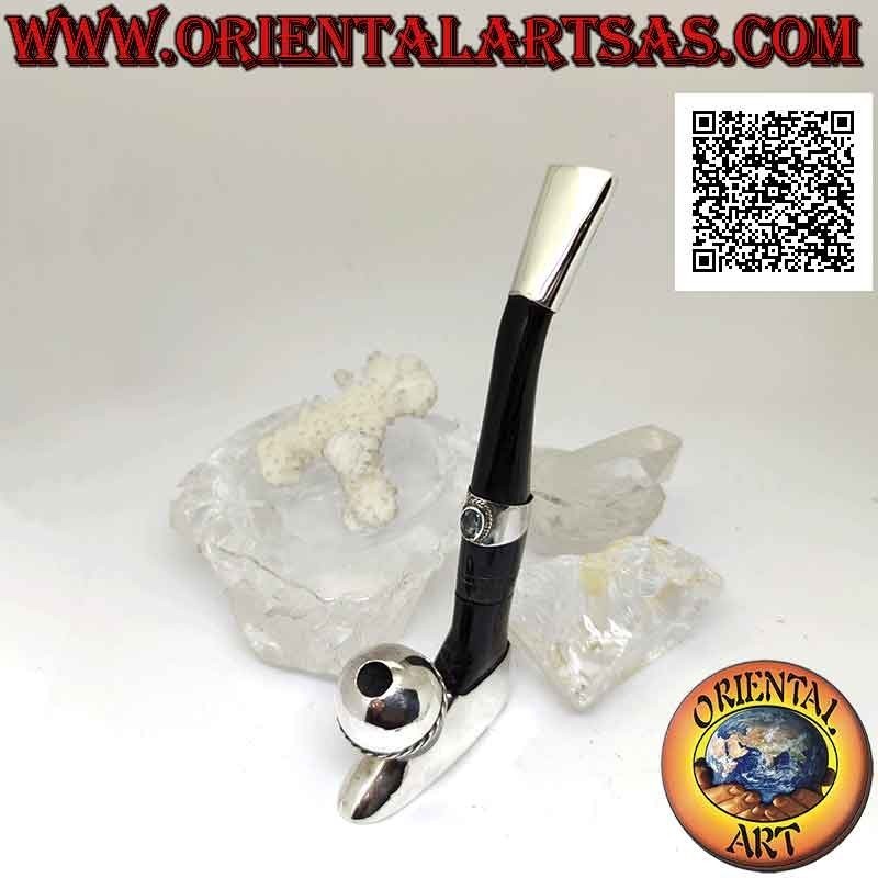 Soccer player's "pipe" cigarette holder in ox horn and 925 ‰ silver inserts with natural topaz