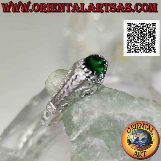 Silver ring with horizontal oval synthetic emerald set in a perforated baroque setting