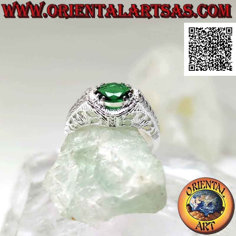 Silver ring with horizontal oval synthetic emerald set in a perforated baroque setting