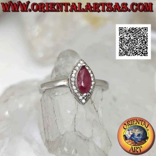 Silver ring with natural shuttle ruby set surrounded by cubic zirconia