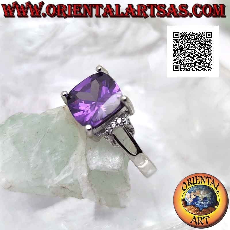 Silver ring with square synthetic amethyst set and zircon ring on the sides