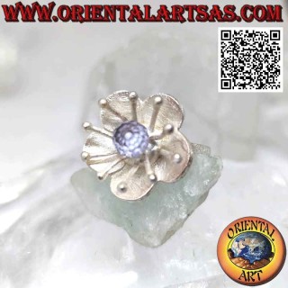 Flower-shaped satin silver ring with sea anemone and central zircon