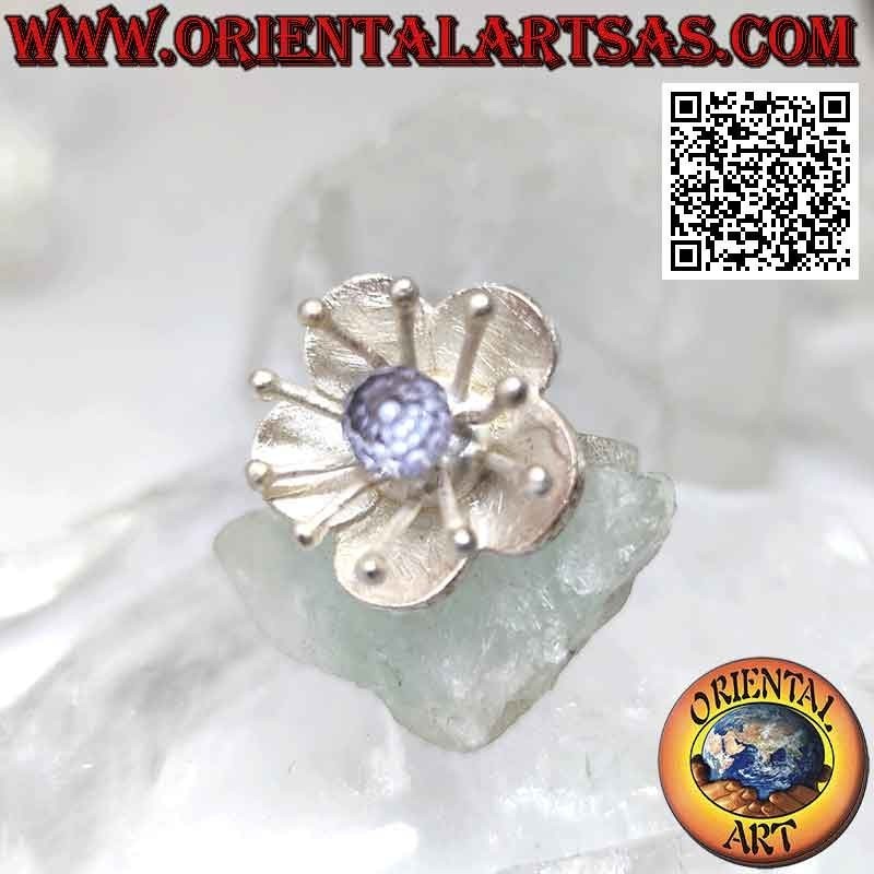 Flower-shaped satin silver ring with sea anemone and central zircon