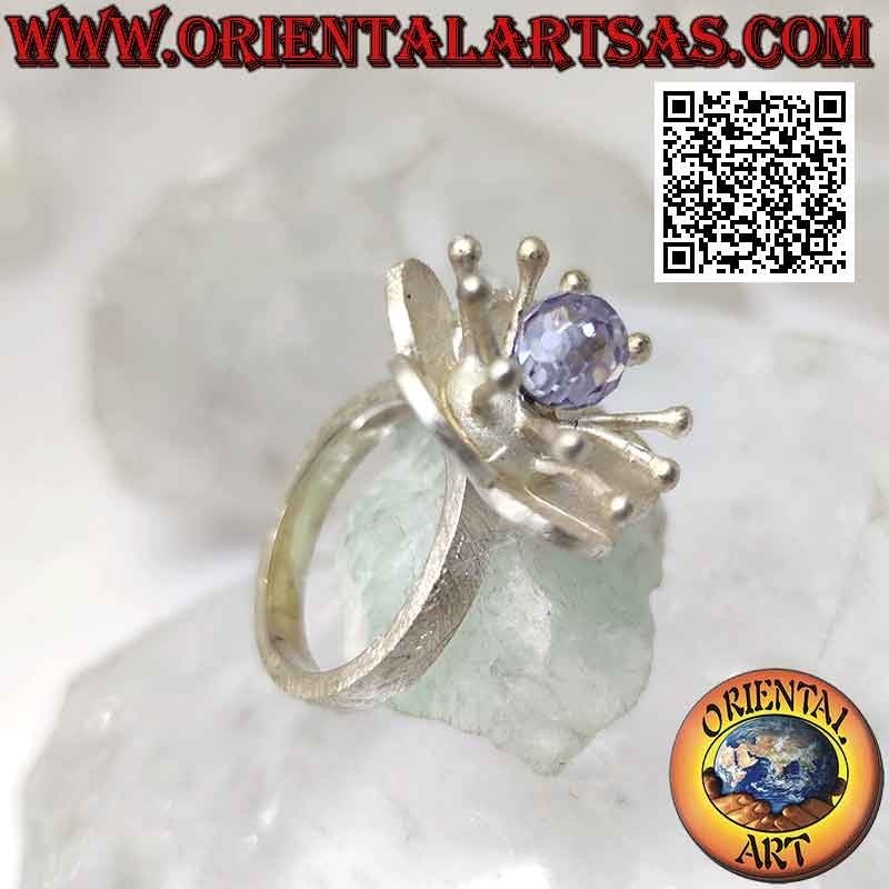 Bague en argent satiné en forme de fleur avec anémone de mer et zircon central