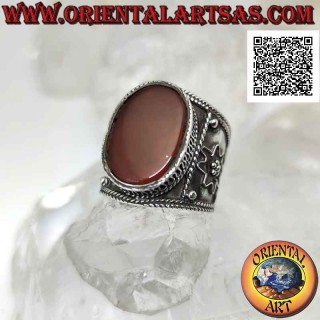 Wide band silver ring with large oval carnelian and handmade ethnic filigree decoration