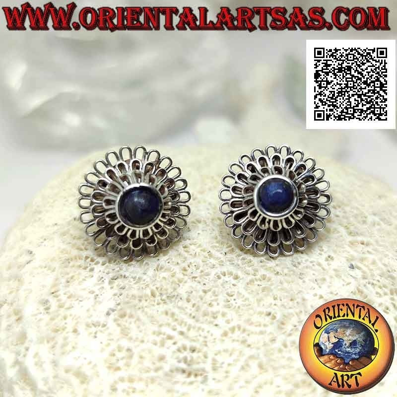 Pendientes de lóbulo de plata, "Peonía" (flor de mil pétalos) con lapislázuli redondo central