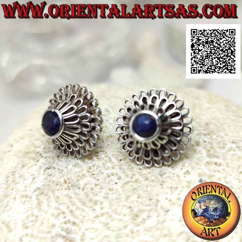 Silver lobe earrings, "Peony" (flower with a thousand petals) with central round lapis lazuli