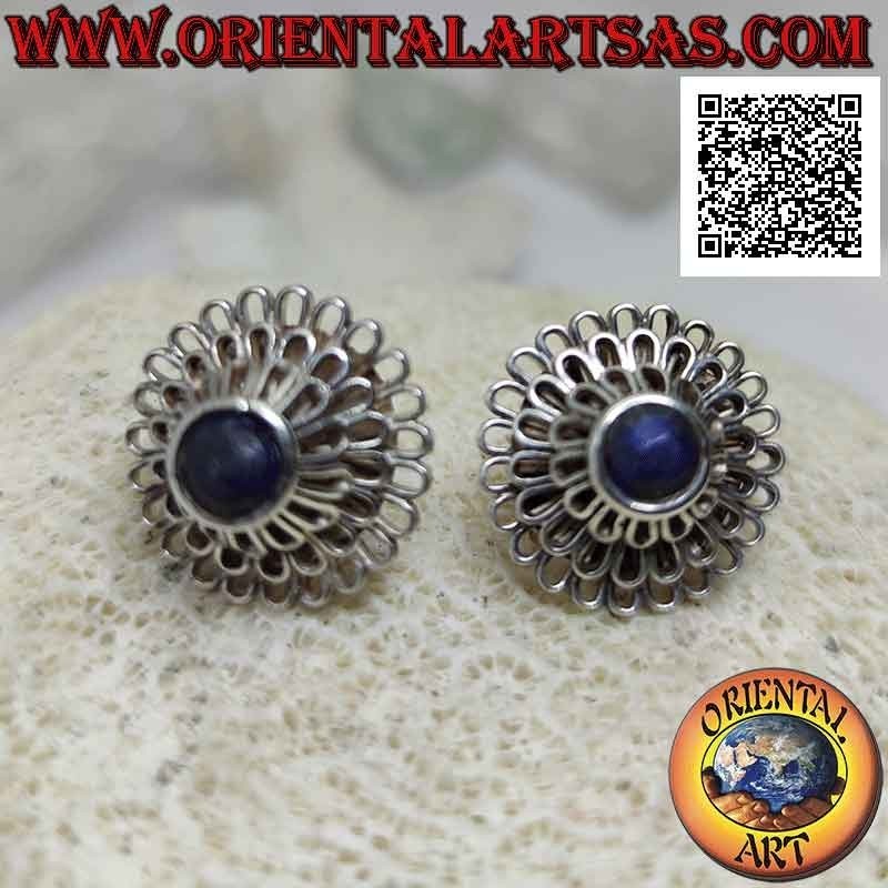 Silver lobe earrings, "Peony" (flower with a thousand petals) with central round lapis lazuli