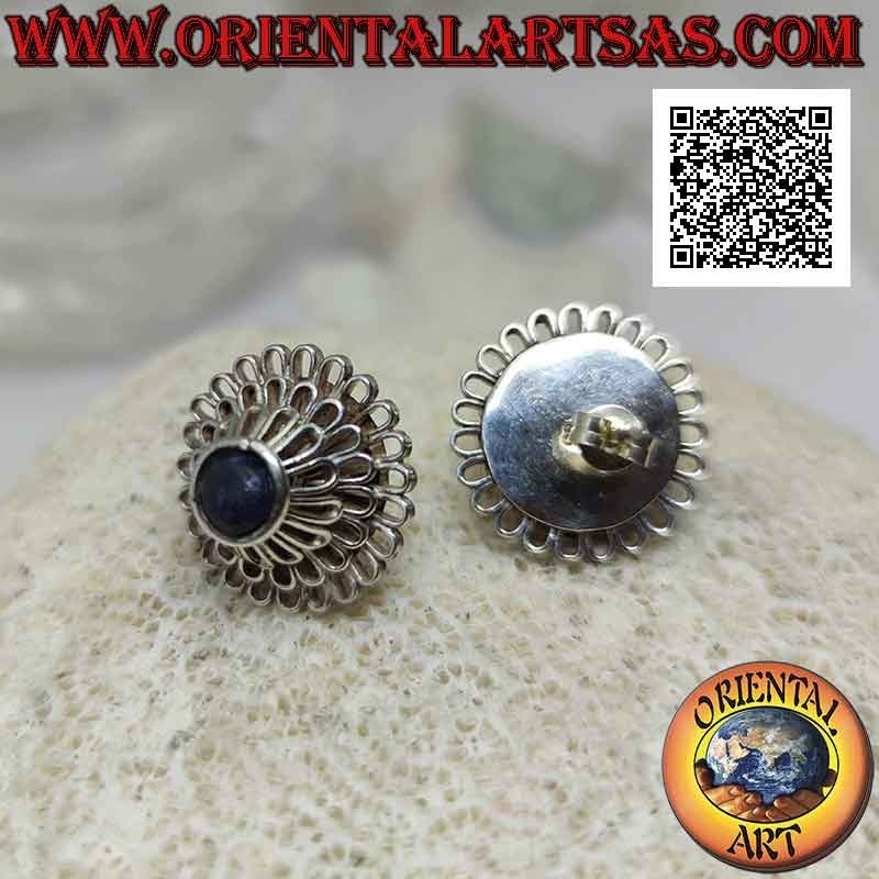 Silver lobe earrings, "Peony" (flower with a thousand petals) with central round lapis lazuli
