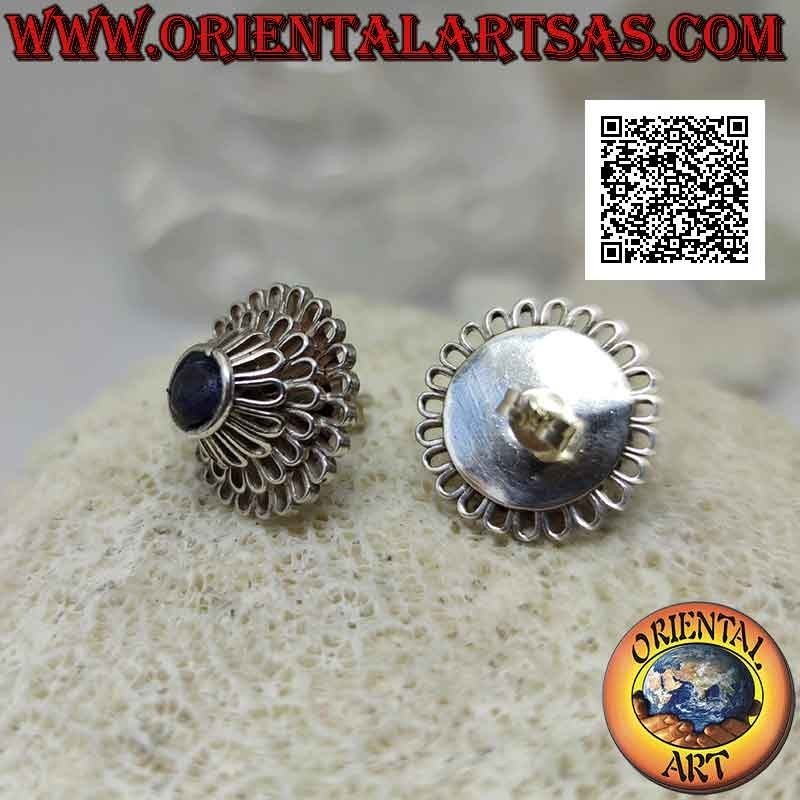 Silver lobe earrings, "Peony" (flower with a thousand petals) with central round lapis lazuli