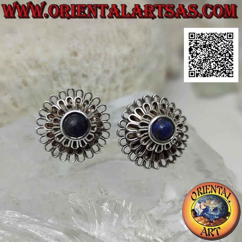 Boucles d'oreilles lobes en argent, "Pivoine" (fleur aux mille pétales) avec lapis lazuli rond central