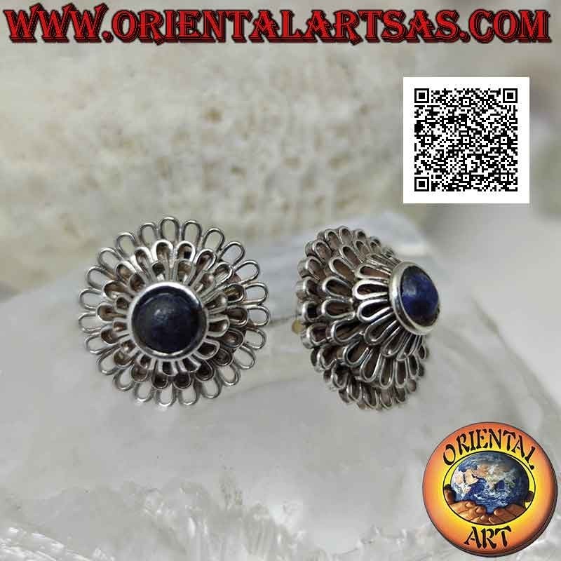 Silver lobe earrings, "Peony" (flower with a thousand petals) with central round lapis lazuli