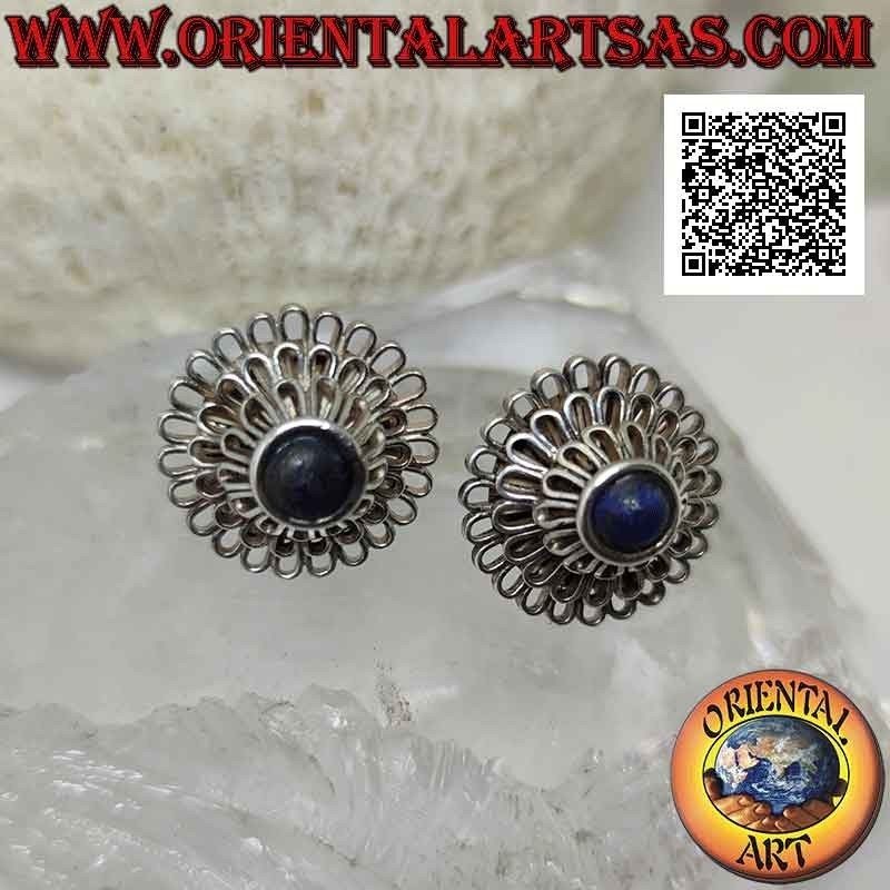 Silver lobe earrings, "Peony" (flower with a thousand petals) with central round lapis lazuli