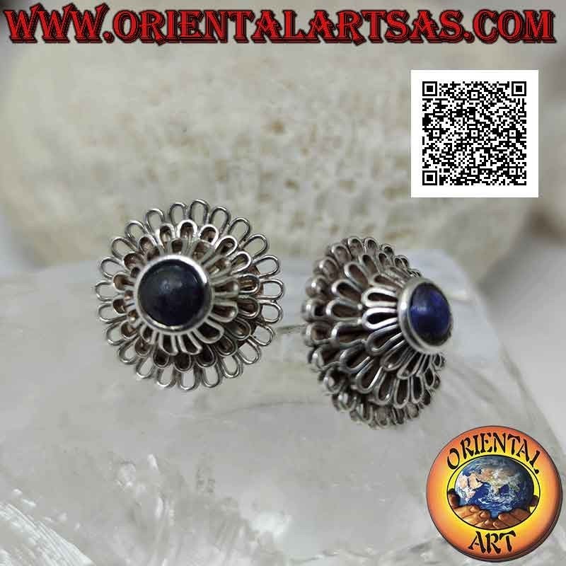 Silver lobe earrings, "Peony" (flower with a thousand petals) with central round lapis lazuli