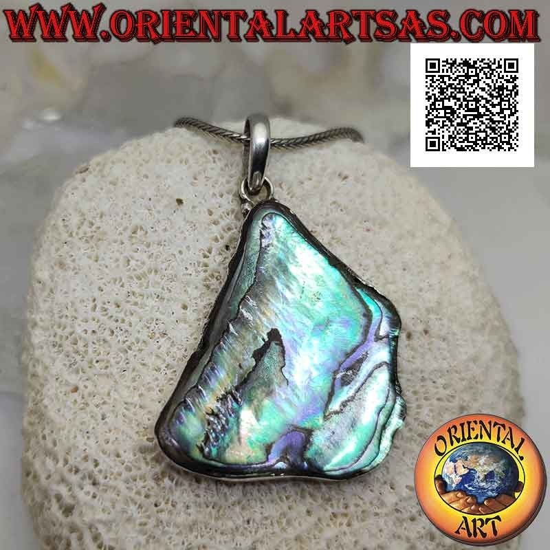 Silver pendant with irregularly shaped paua shell (abalone) with smooth edge wire (A)