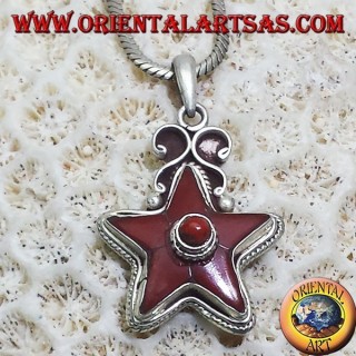 Star Pendant Ancient Tibetan Coral 925 Silver Nepal - Unique Piece Oriental Art