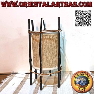 Lámpara de mesa étnica, "cilindro lineal" con base redonda en raíz de sándalo y estructura de bambú de 35 cm