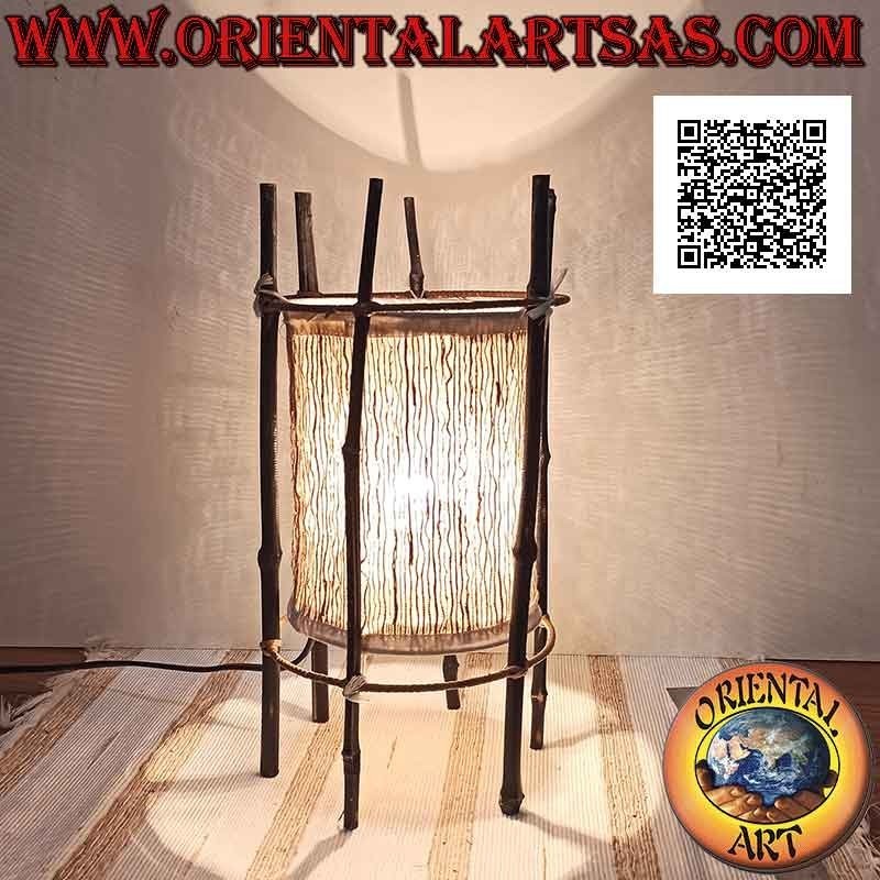 Lampada da tavolo etnica, "cilindro lineare" a base tonda in radice di sandalo e struttura in bambù da 35 cm