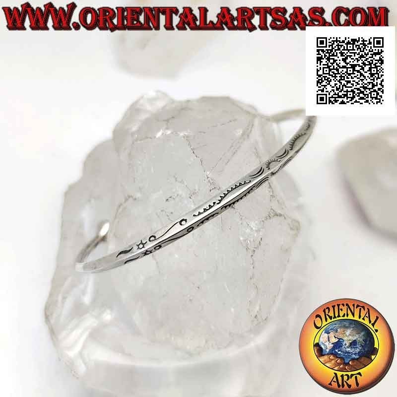 Bracelet rigide en argent 925 ‰ rhomboïde avec arches gravées décorées et boule terminale